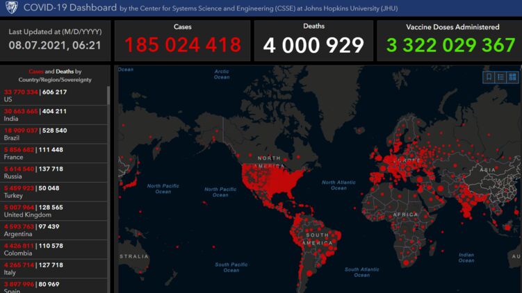 По данным на 8 июля, число зараженных на Земле перевалило за 185 миллионов, фото: университет Дж. Хопкинса